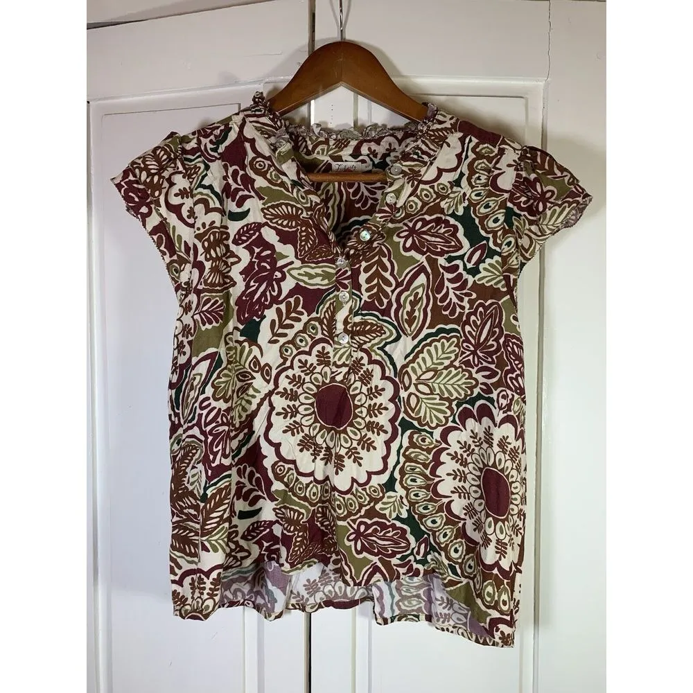 Faherty Boho Peasant Cottage Ruffle Top Womens Medium Floral Henley Cap Sleeve‎ - Image 2