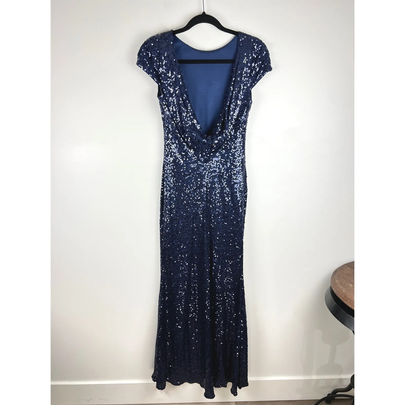 Badgley Mischka Collection Gown Navy Blue Sequin Draped Back Formal Evening 2 - Image 4
