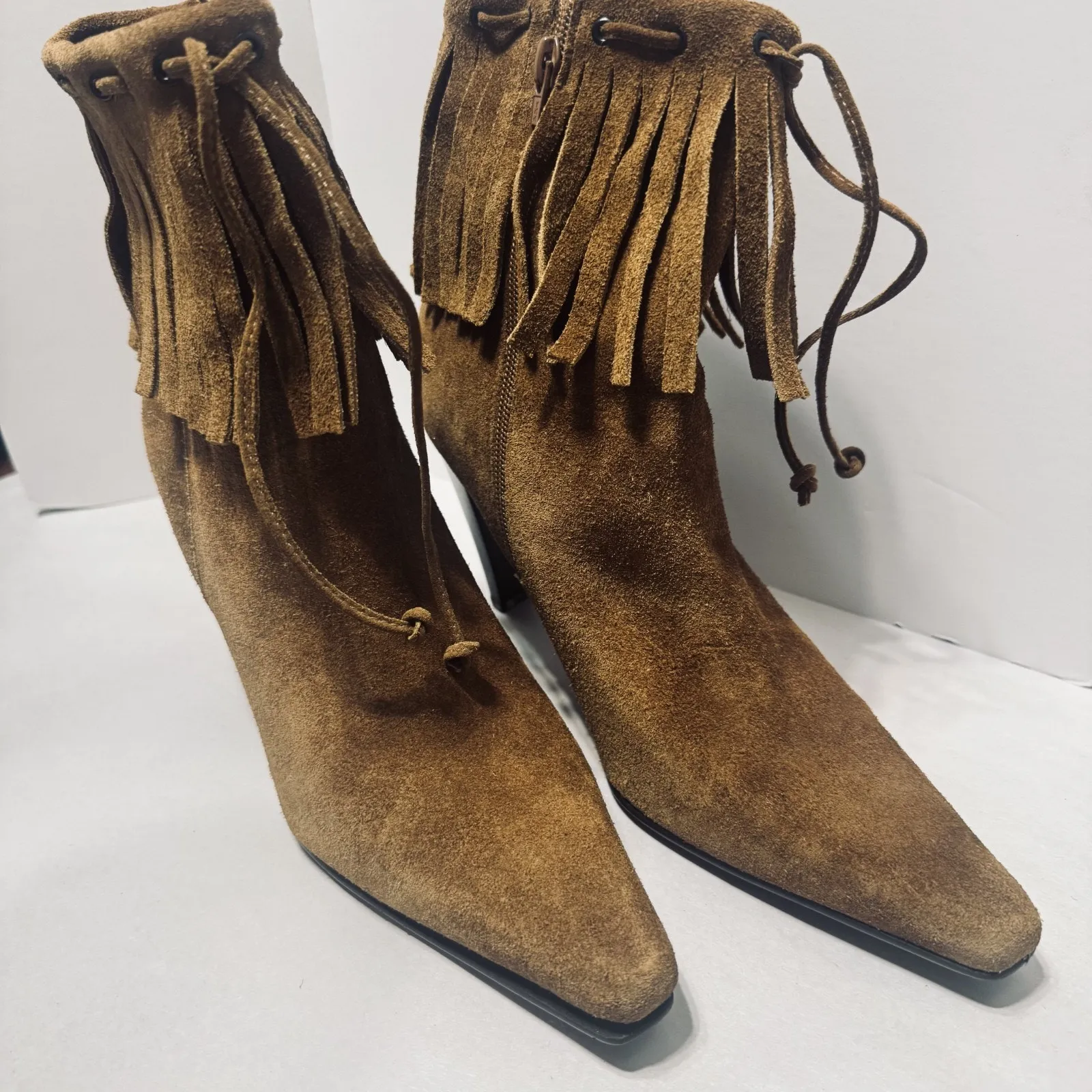 Nine West Boots Brown Suede High Heeled Booties Fringe womens 8.5 Leather - Image 2