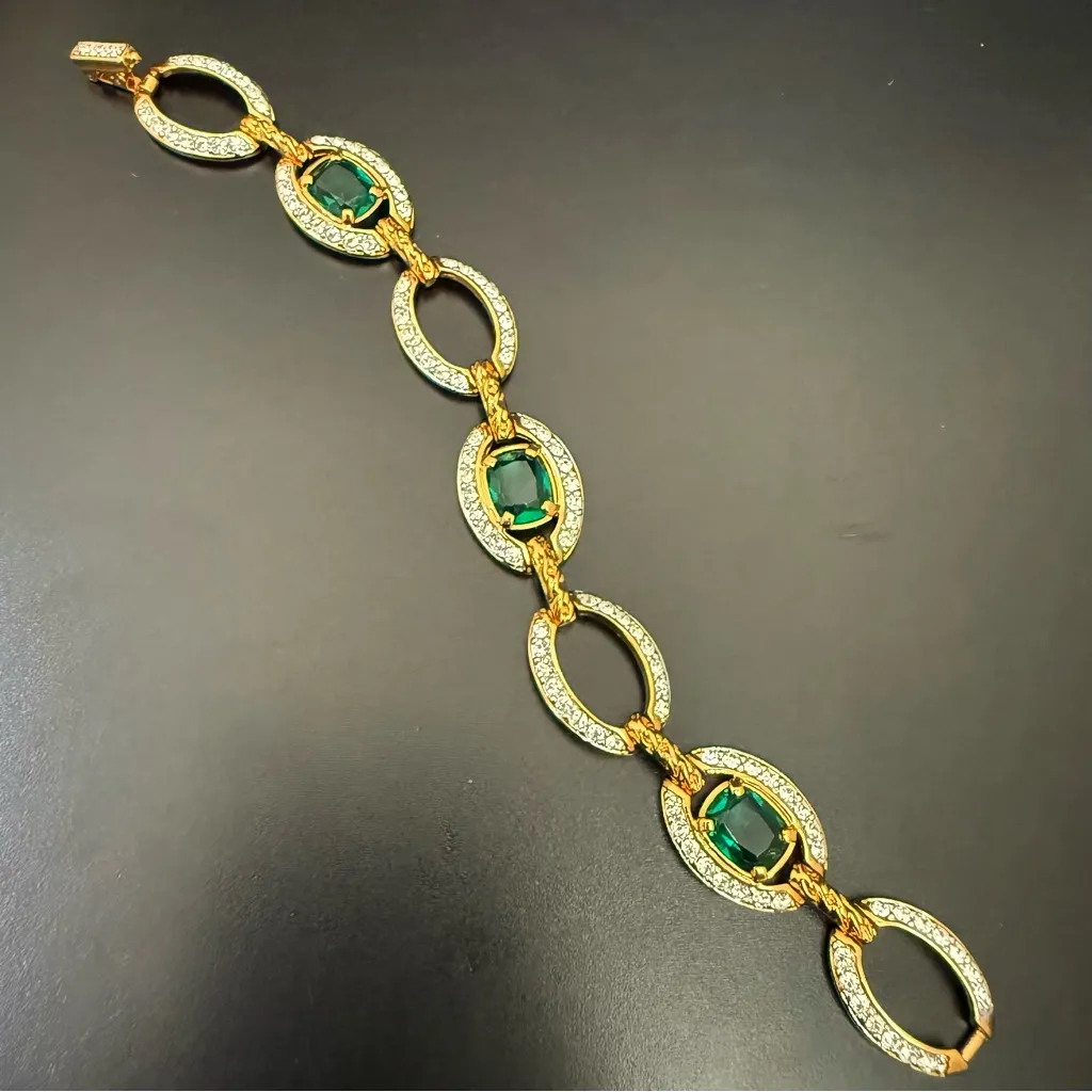 Vintage SWAROVSKI Swan Signed Emerald Green Gold-tone Link Chain Bracelet 24.4g. - Image 13