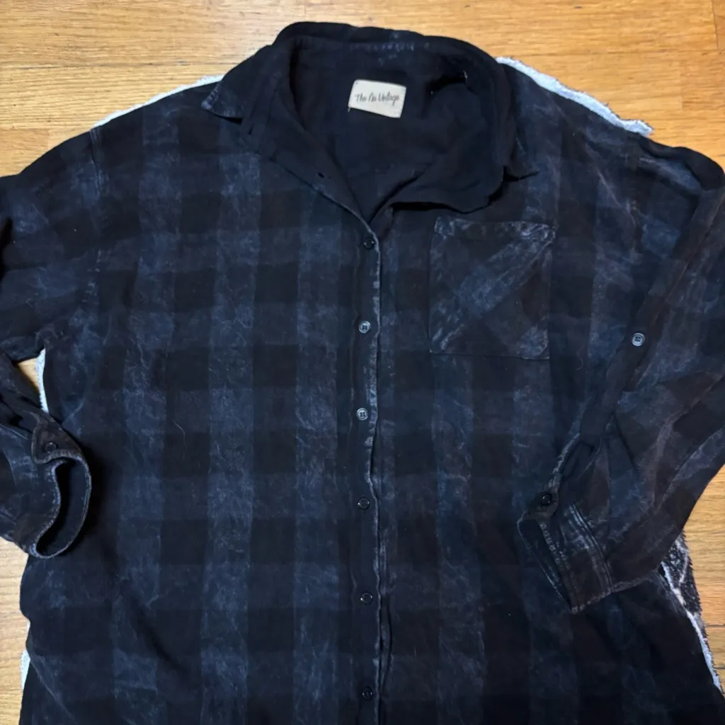 The Nu Vintage Plaid Floral Pockets Lagenlook Fisherman Slouchy Teddy Shacket M Black Size M - Image 2