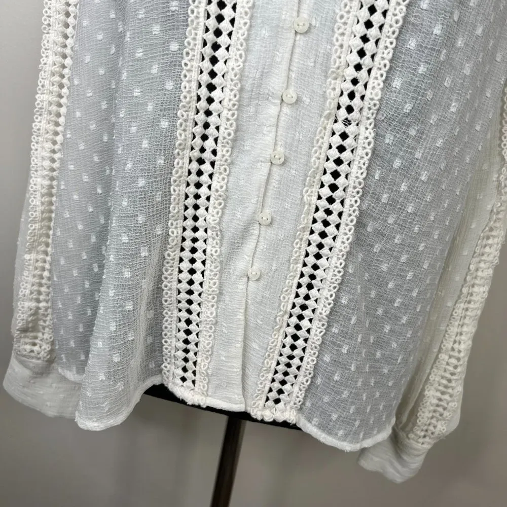 Zara Sheer Swiss Dot Crochet Button Front Ruffle Neck Blouse Size Small - Image 2