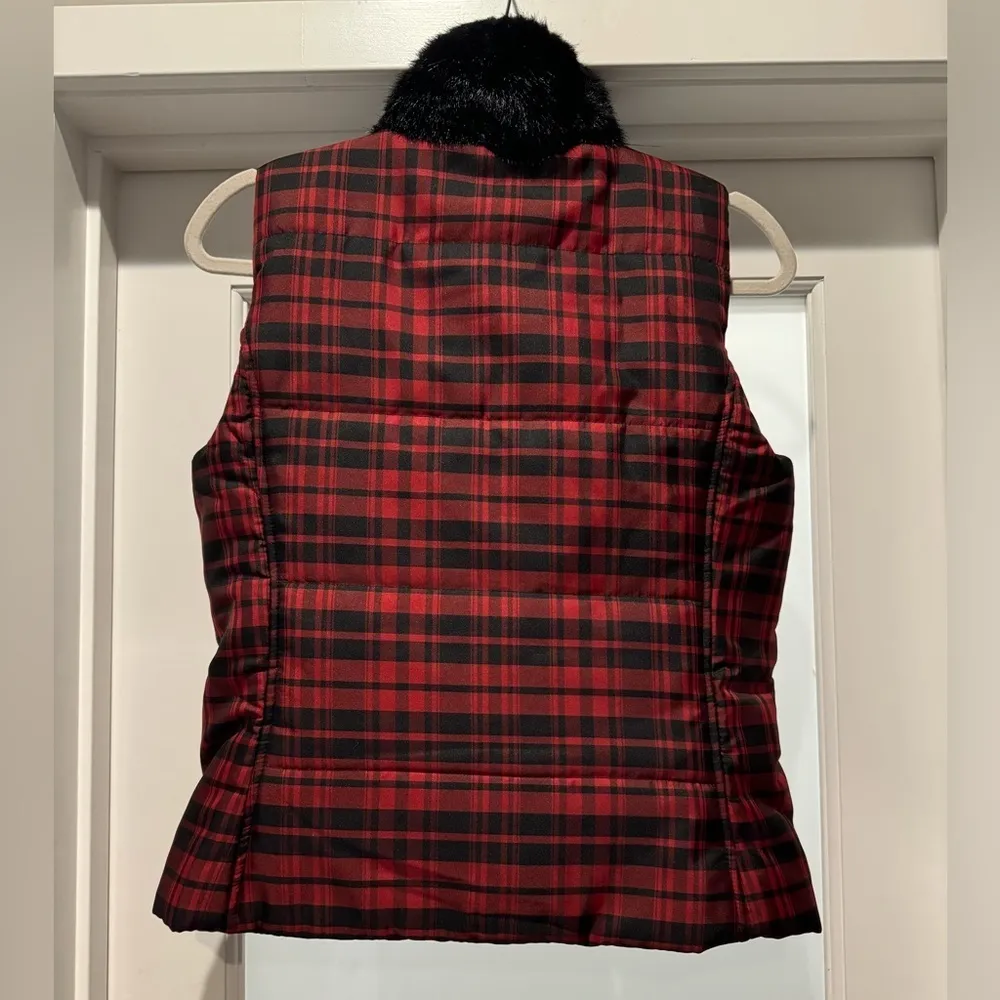 CHAPS Red Plaid Puffer Vest Faux Fur Collar Winter Holiday Size Sm - Image 3