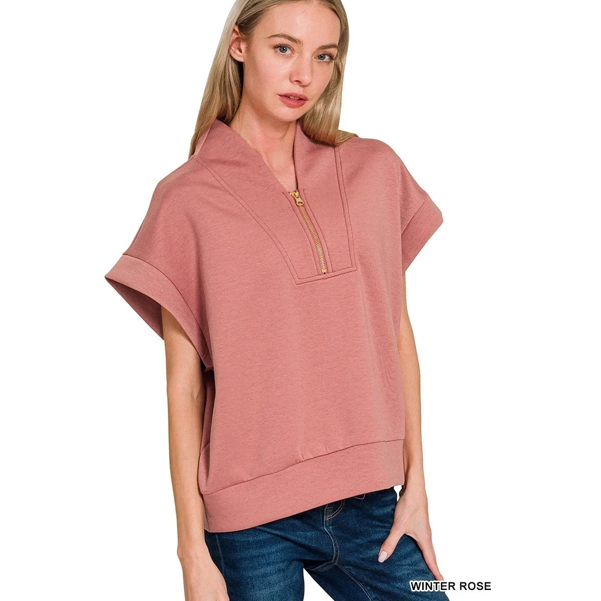 Zenana Women's L/XL Winter Rose Scuba Half Zip Short Sleeve Top Casual Chic - Image 2