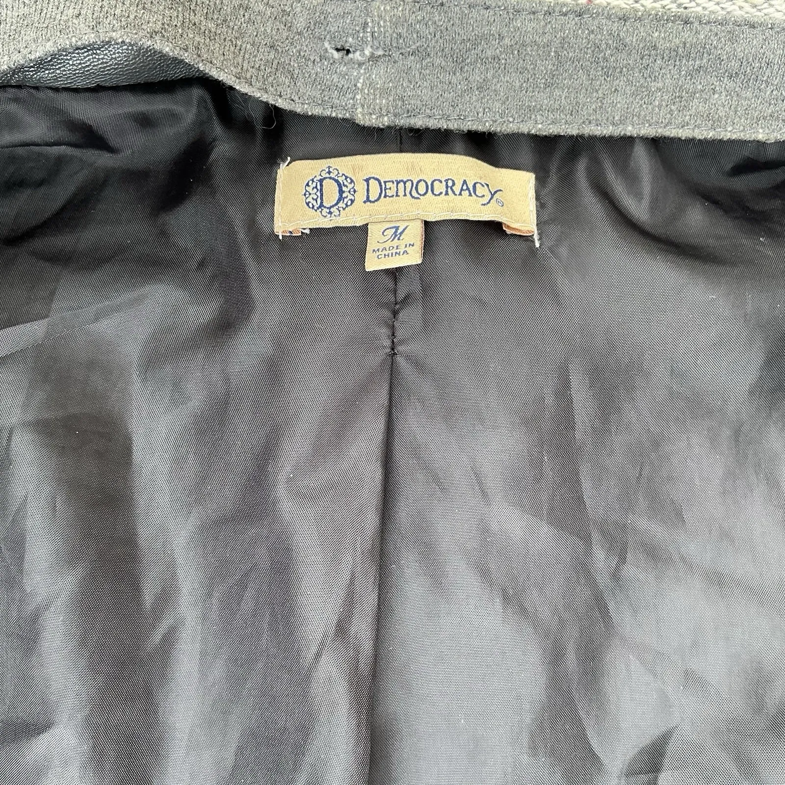 Democracy Moto Faux Leather Jacket Gray Hoodie Knit Sleeves‎ Women's Size M - Image 2