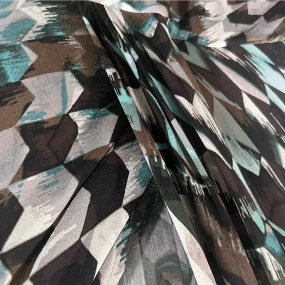 Flattering ruched brown tan and aqua wrap geometric print dress size 10 - Image 5