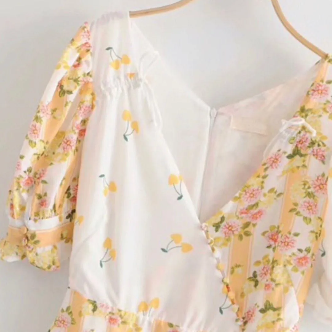 Yellow Floral Cherry Print Mini Dress - Image 7