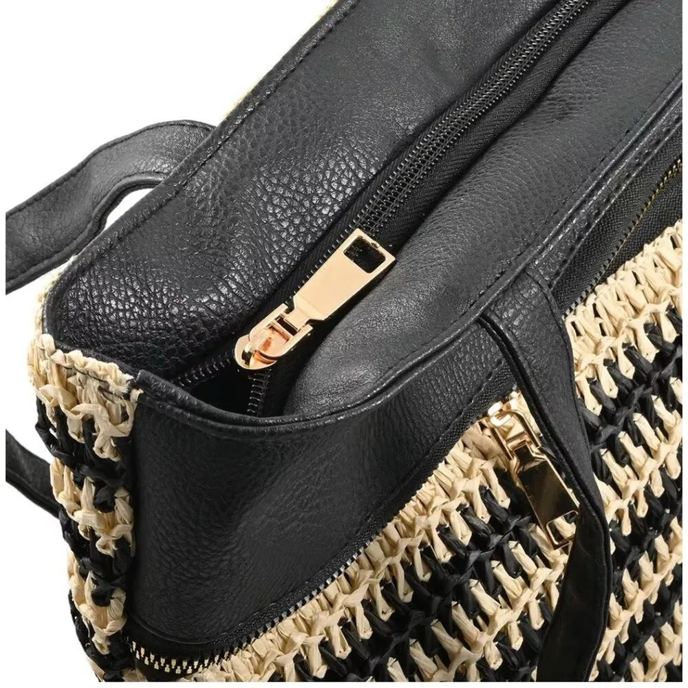 Beverly Hills Polo Club‎ Tan & Black Woven Straw Faux Leather Tote Boho Beach - Image 5