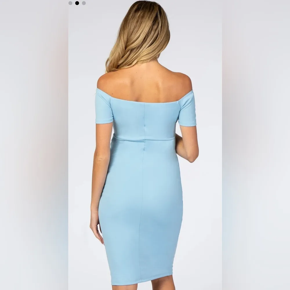 Light Blue Solid Off Shoulder Fitted Dress - Image 3