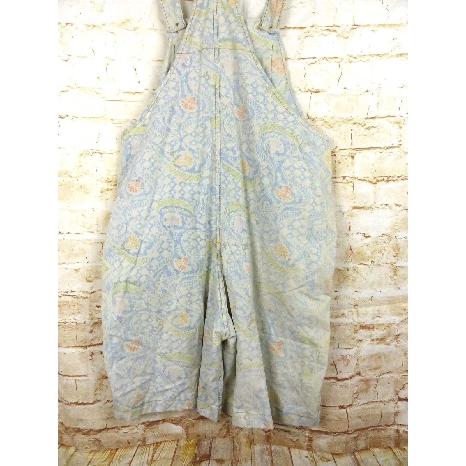 Boho Printed Shortall Women XS Ivory Blue Floral Paisley Bali Batik Home Cottage - Image 13