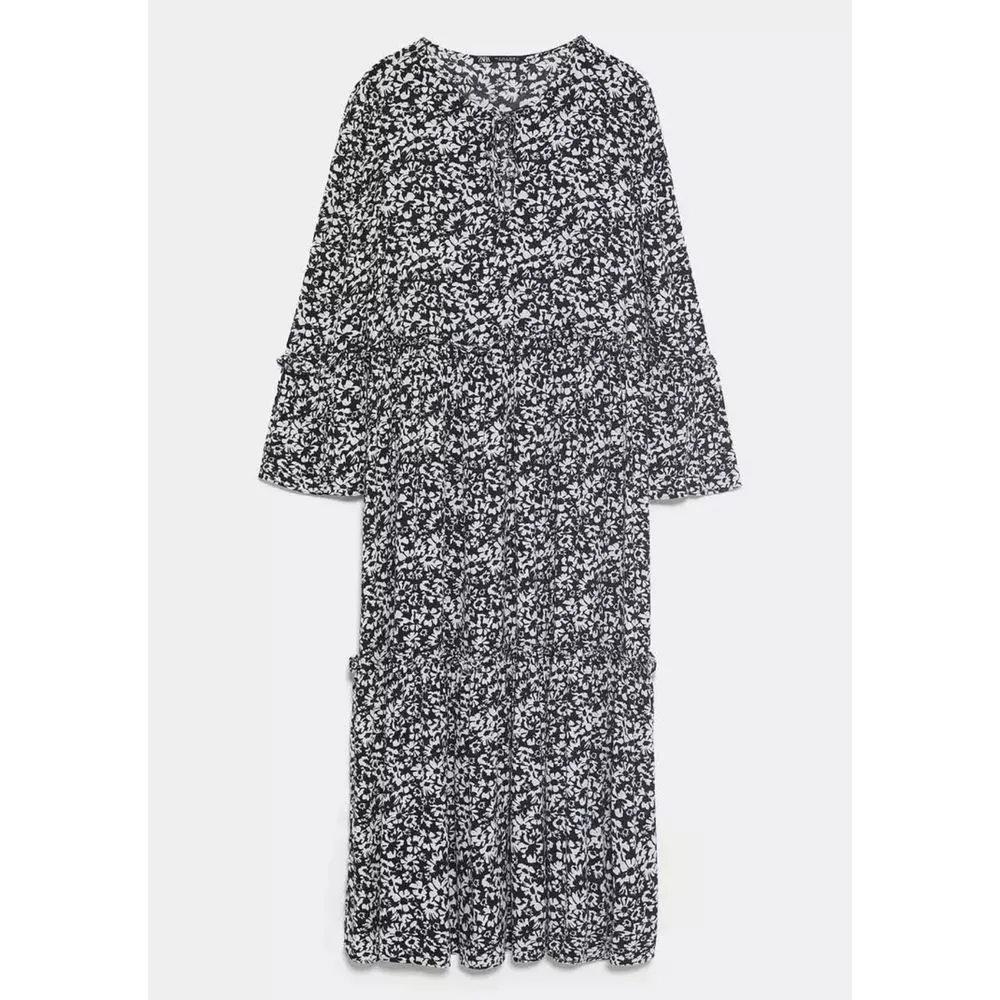 Zara white‎ black midi ruffle floral dresss size medium boho relaxed fit flowy - Image 3