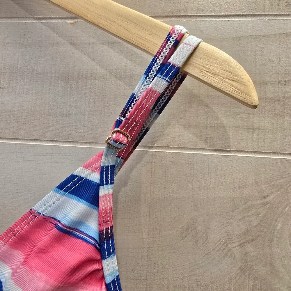 {M} Catherine Malandrino Striped Printed One Piece Swimsuit Pink Blue White - Image 5