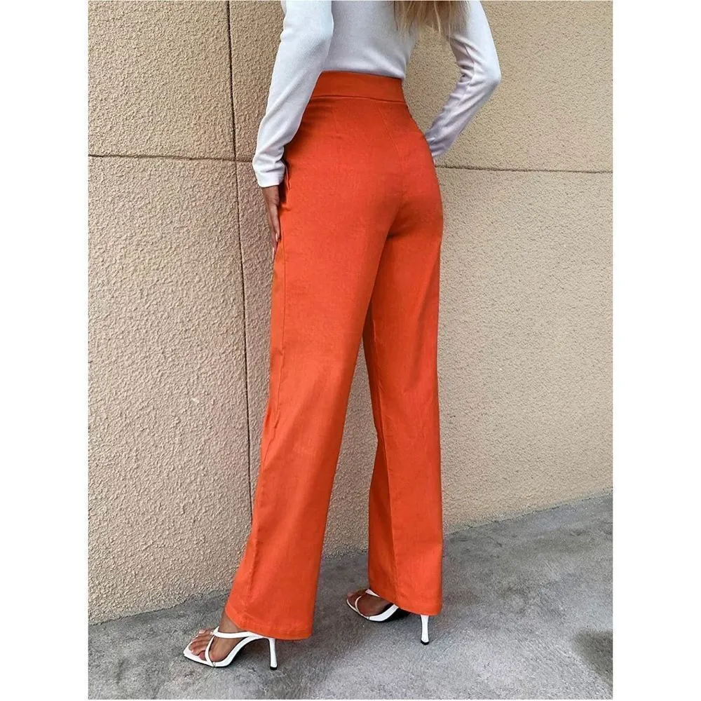 High Waist Zip Up Pleated Pants Straight Leg Long Trousers Pocket XS - Image 3