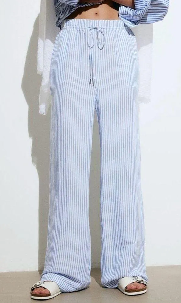 H&M linen-blend pull on pants blue and white! - Image 3