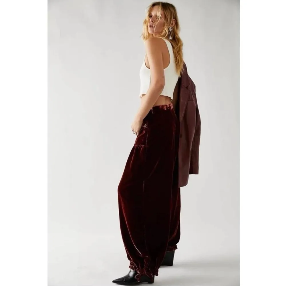 Free People 70s Lotus Crushed Velvet Pants Garnet 27 Bohemian Barrel Wide Leg - Image 3