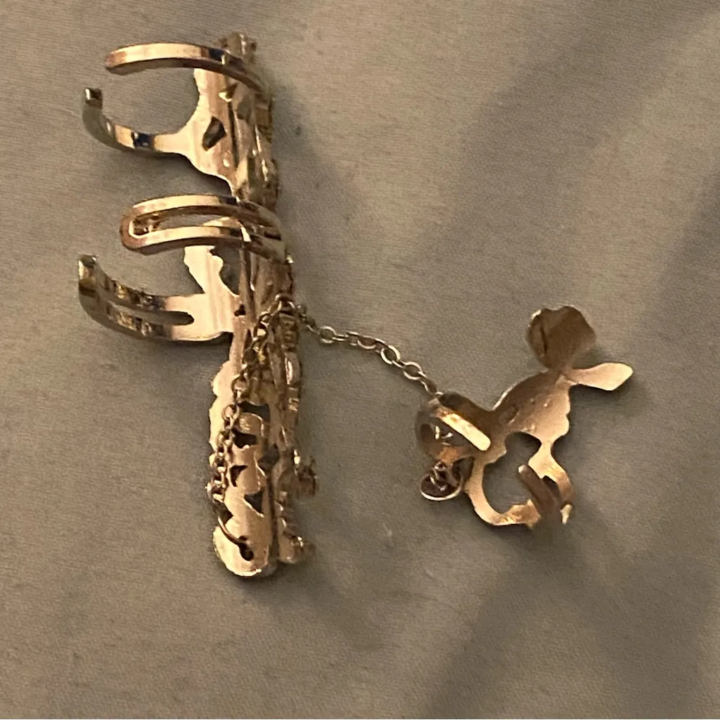 Adjustable Silver Tone Double Finger Ring Chain Link Rhinestones Goth Punk - Image 7