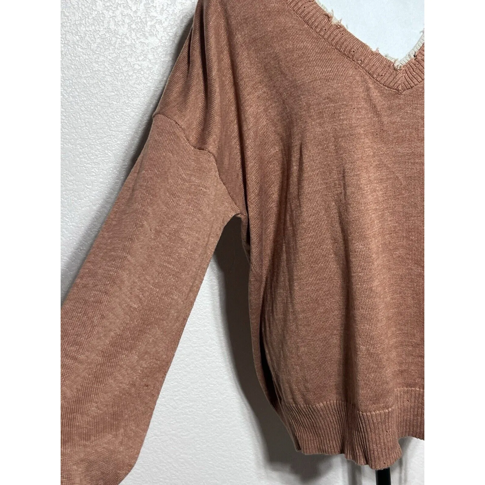 Dear John Distressed Neck and Cuff Rust Orange V Neck Sweater Large - Image 4