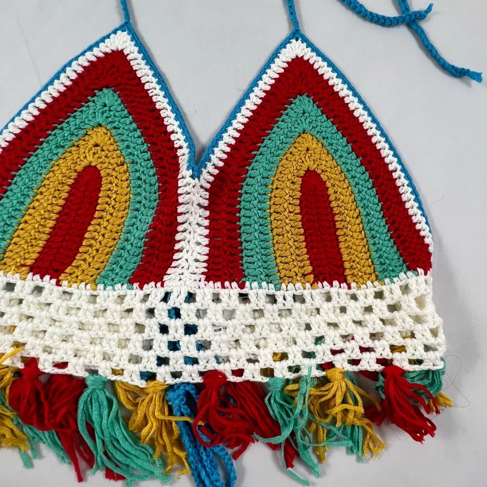 Blue Bush LG knitted string rainbow halter top - Image 3