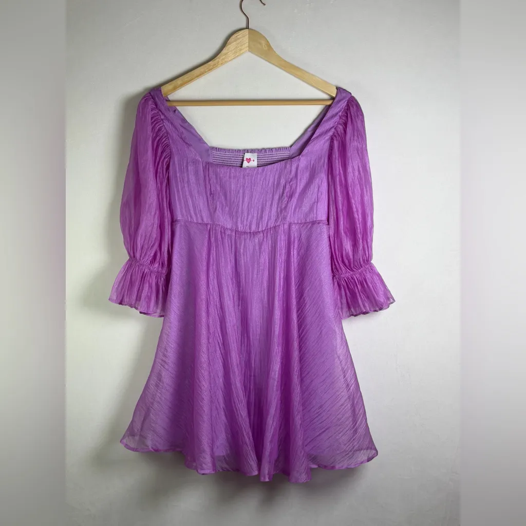 BuddyLove Women Lilac Smocked Romantic Babydoll Mini Dress Puff Sleeve Sz Small Purple - Image 2