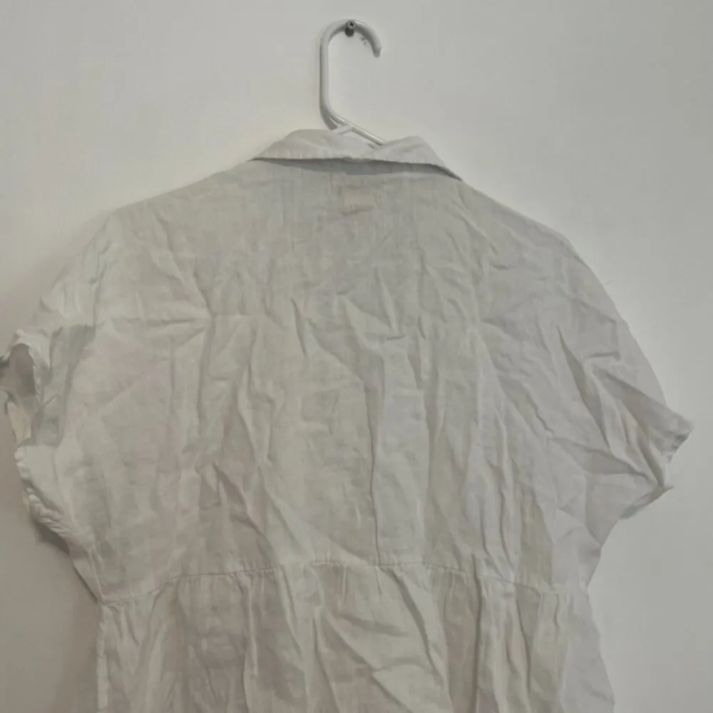 CATHERINE MALANDRINO Solid White Popover Short Sleeve 100% Linen Peplum Blouse M - Image 11