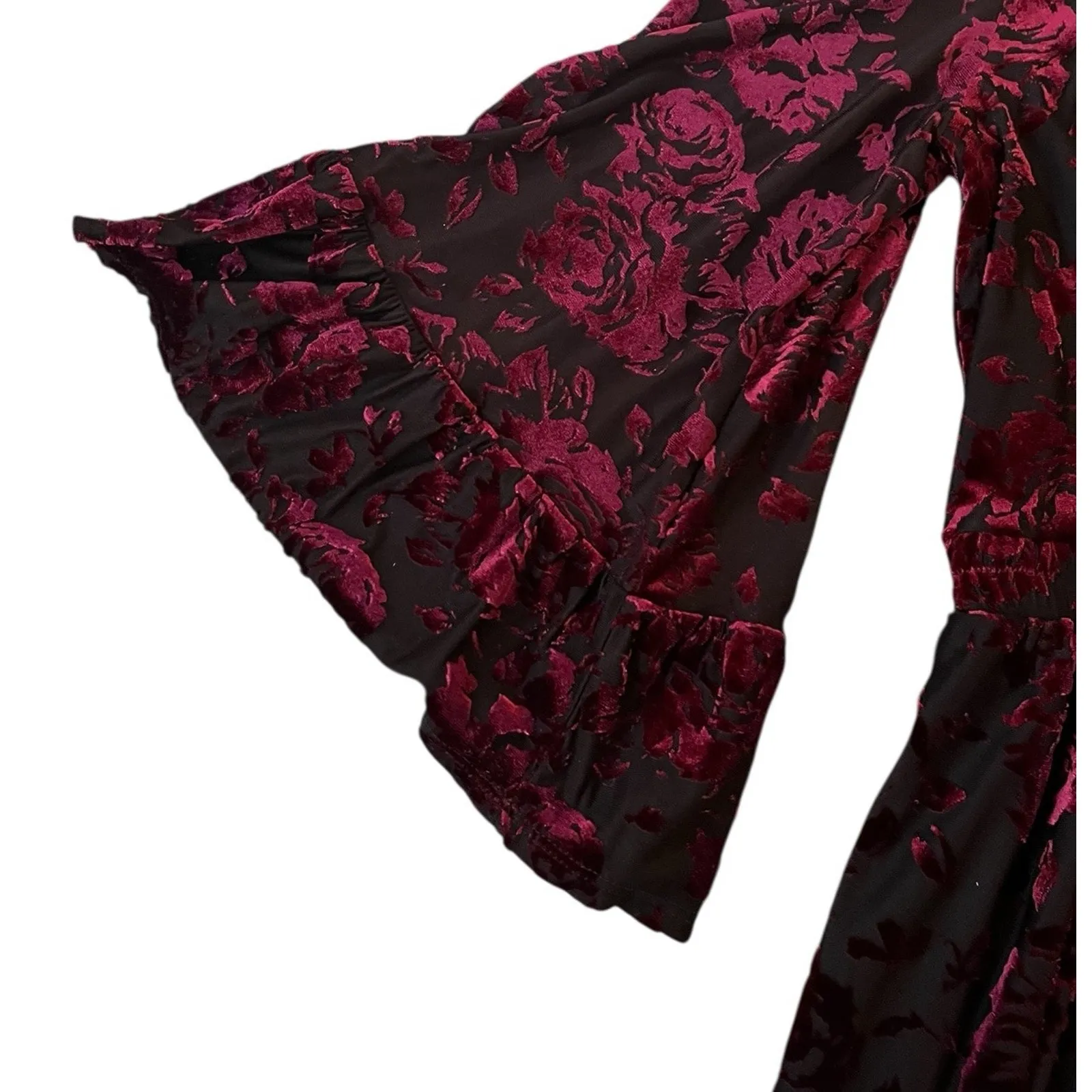 Modcloth Very Visionary Red Floral Velvet Burnout Large Bell Sleeve Dress - Image 8