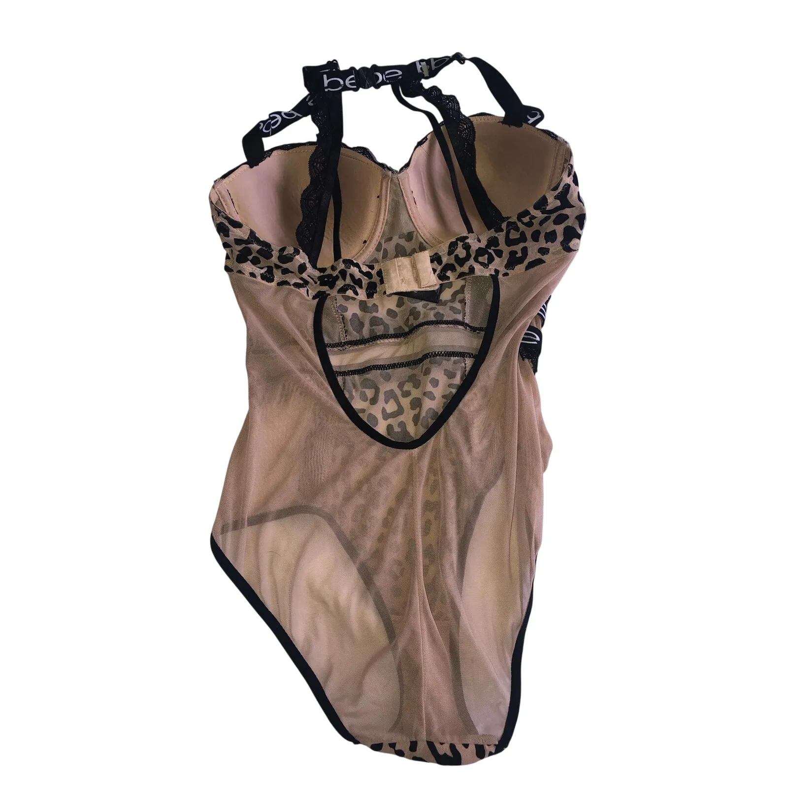 Leopard Bodysuit Bebe Size M Mesh Black Tan Animal Print Vixen Rocker Edgy Moto - Image 4