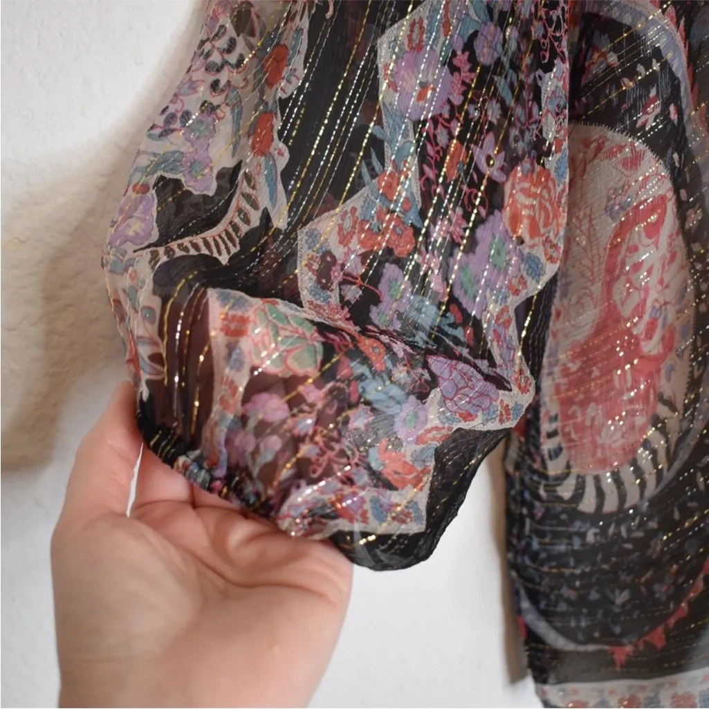 TUCKER Bergdorf Goodman Boho 100% Silk Button Down Sheer Blouse Metallic Size S Red - Image 7