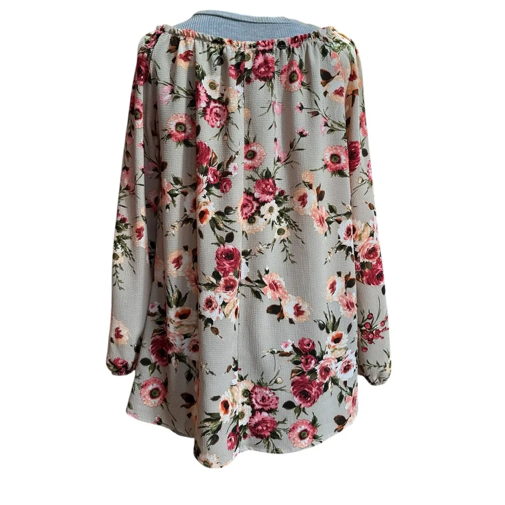 Floral Long Sleeve Blouse Boho Peasant Scoop Elastic Neck Sleeve Cut Outs - Image 3