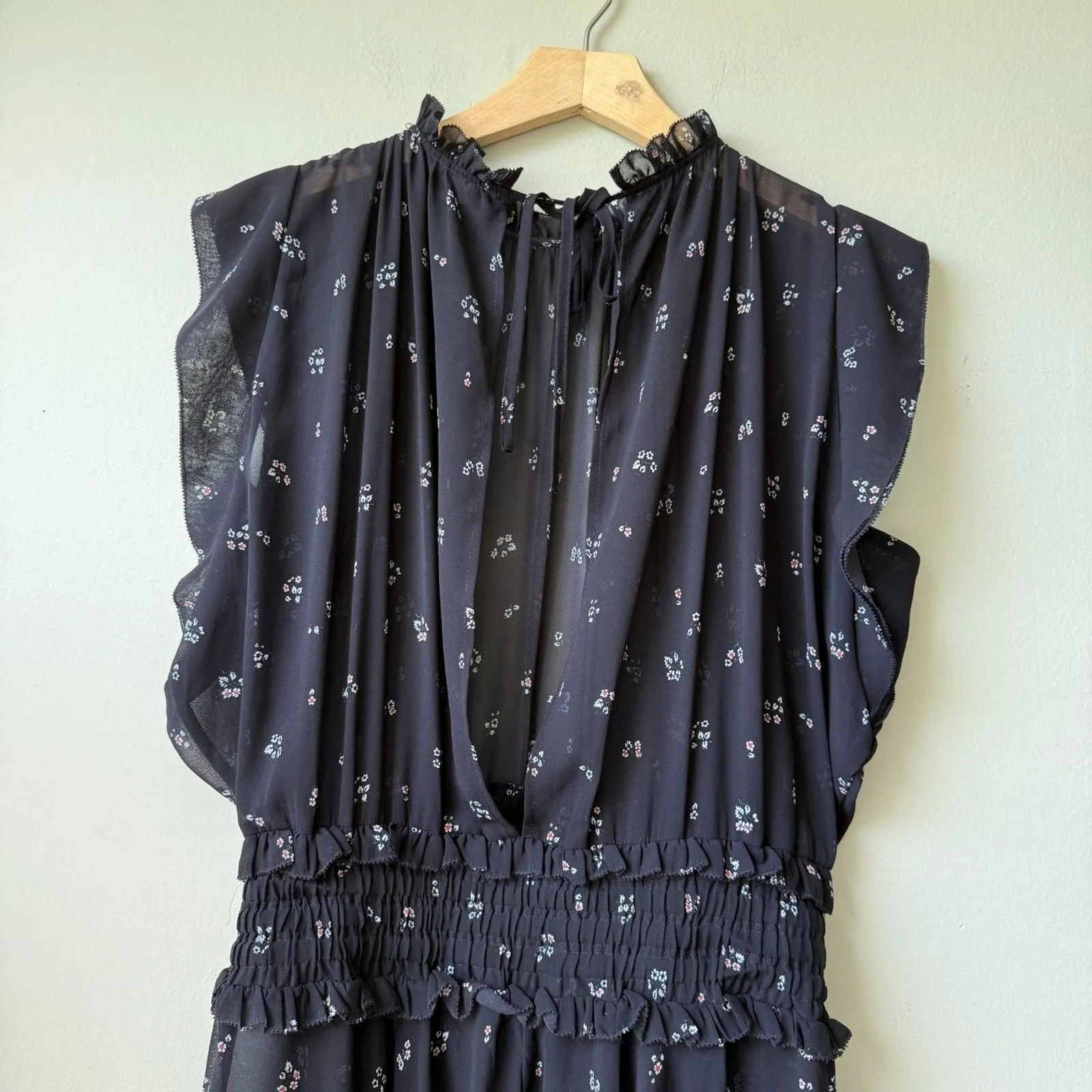 The Kooples size 3 Floral Smocked Dress Cap Sleeve Open Back Black Asymmetrical - Image 5