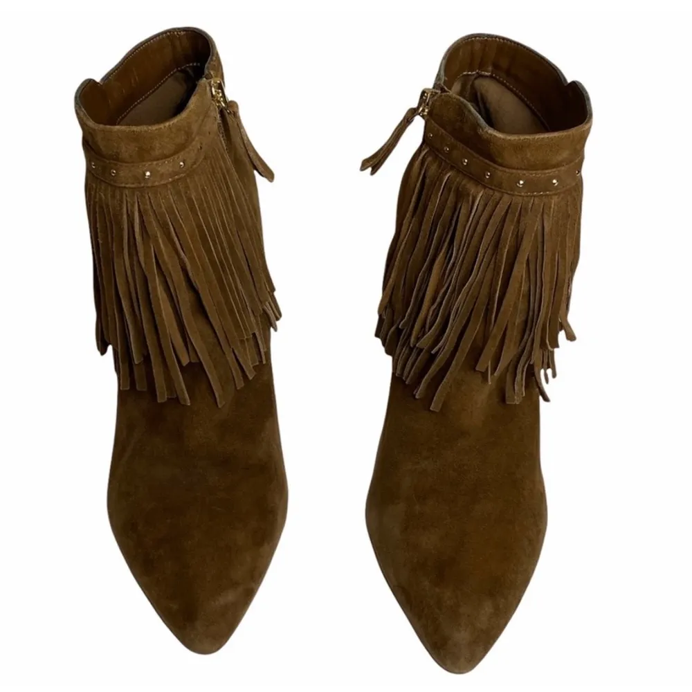 White House Black Market WHBM ᯾ Suede Fringed Heeled Ankle Boots ᯾ Cognac 9.5M - Image 14