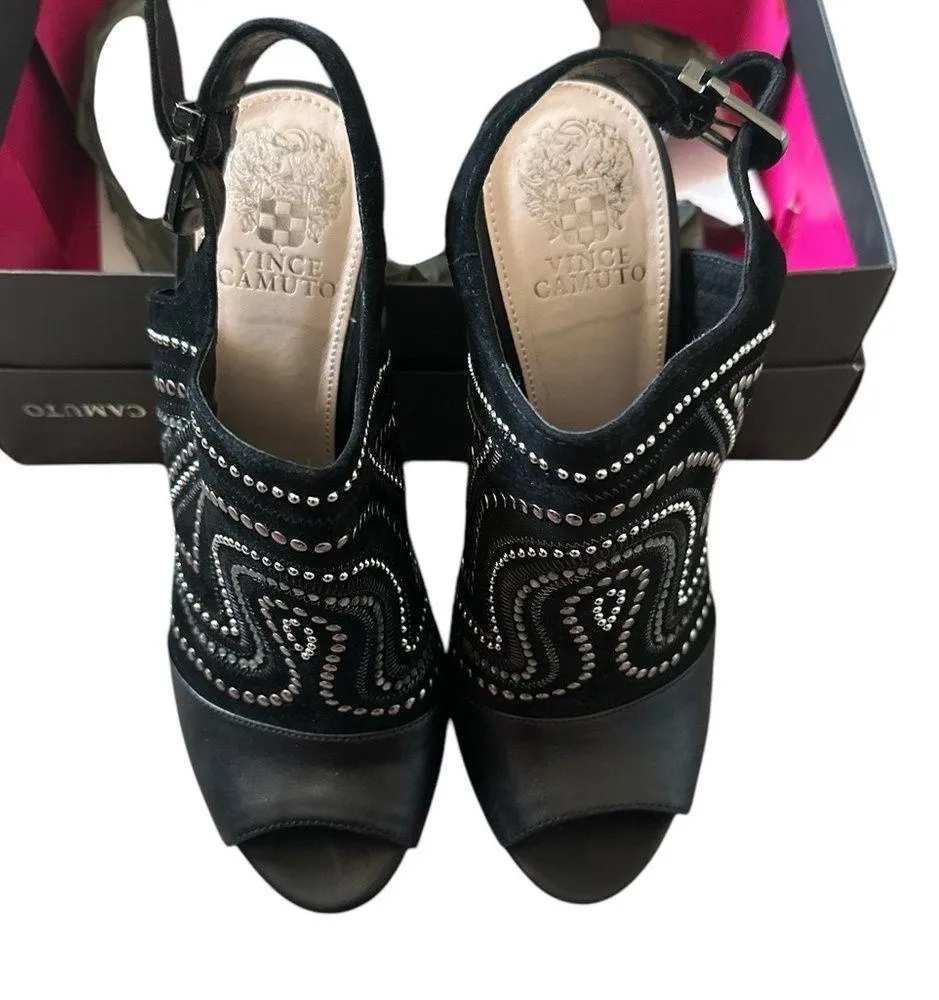 Like NEW Camuto Yolana Black Leather Suede Slingback Peep Toe Sandal Heels Shoes - Image 2