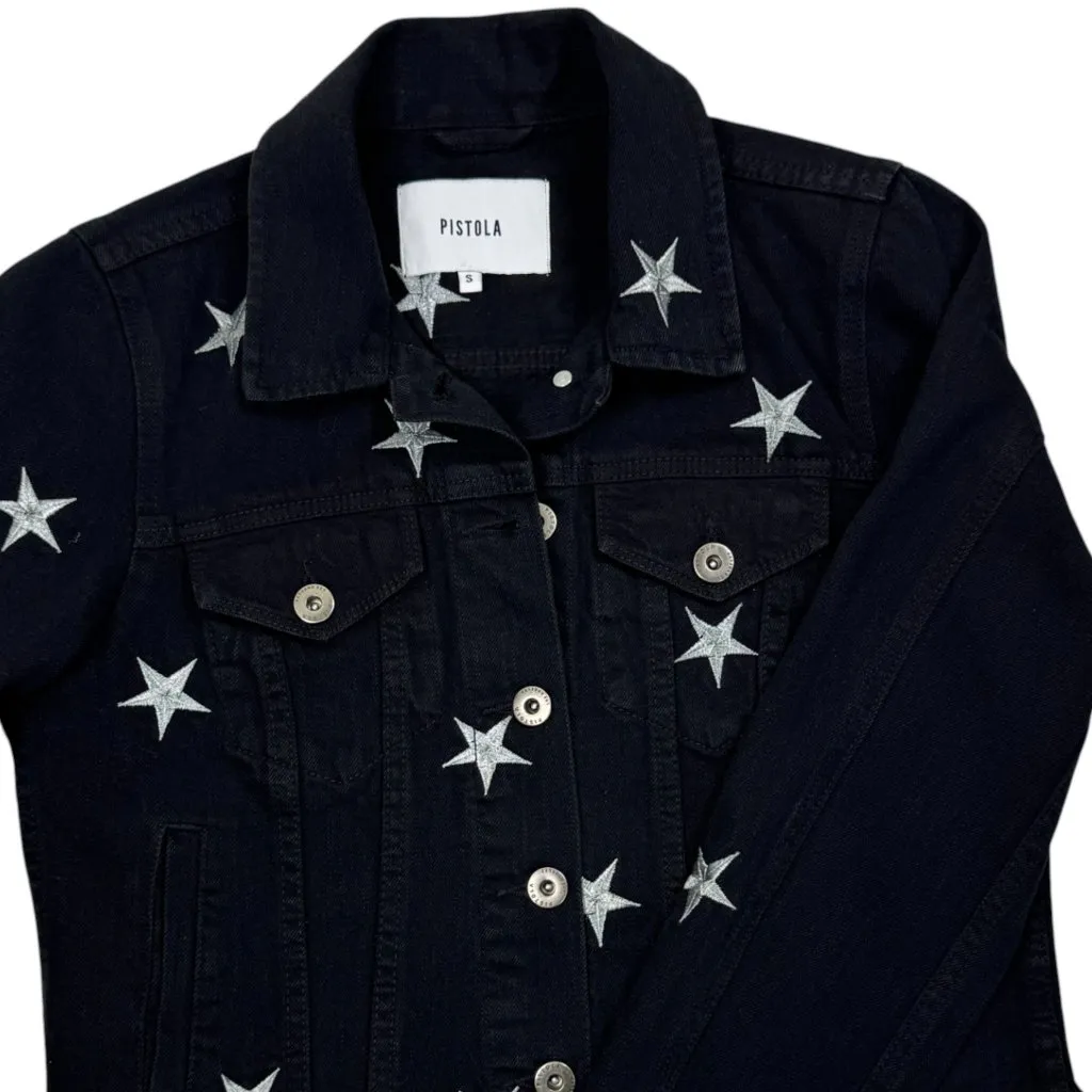 PISTOLA Brando Star‑Embroidered Denim Jacket S Black Raw Hem Silver Stars - Image 4
