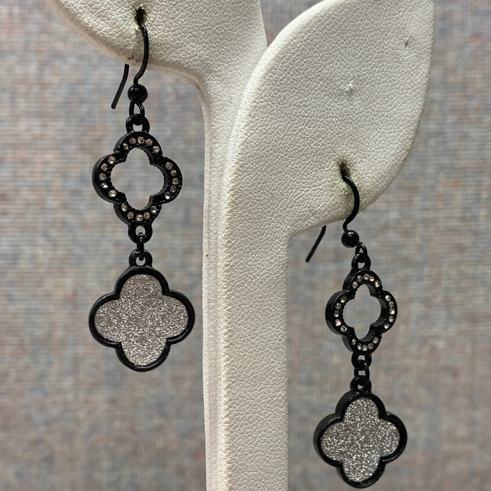 Silver Tone Black Quatrefoil Rhinestone Drop Dangle Luck & Sparkle Earrings - Image 4
