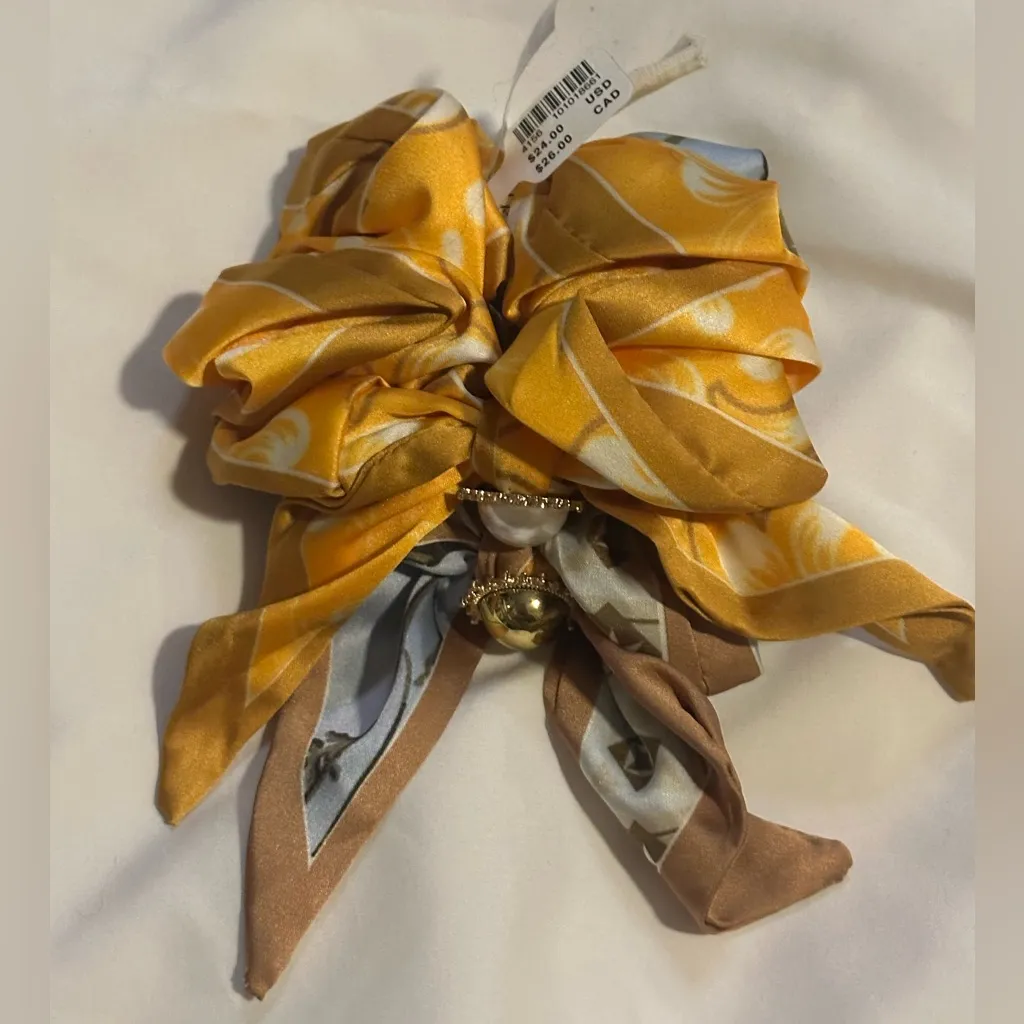 NWT Anthropologie Charmed Scarf Scrunchies Pattern Yellow Blue Tan Faux Pearl - Image 3
