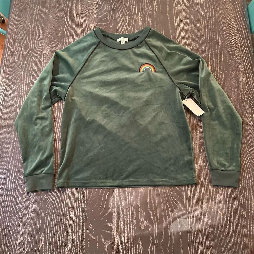 BP XXS Green Velour Crewneck Sweatshirt Embroidered Rainbow Long Sleeve - Image 3
