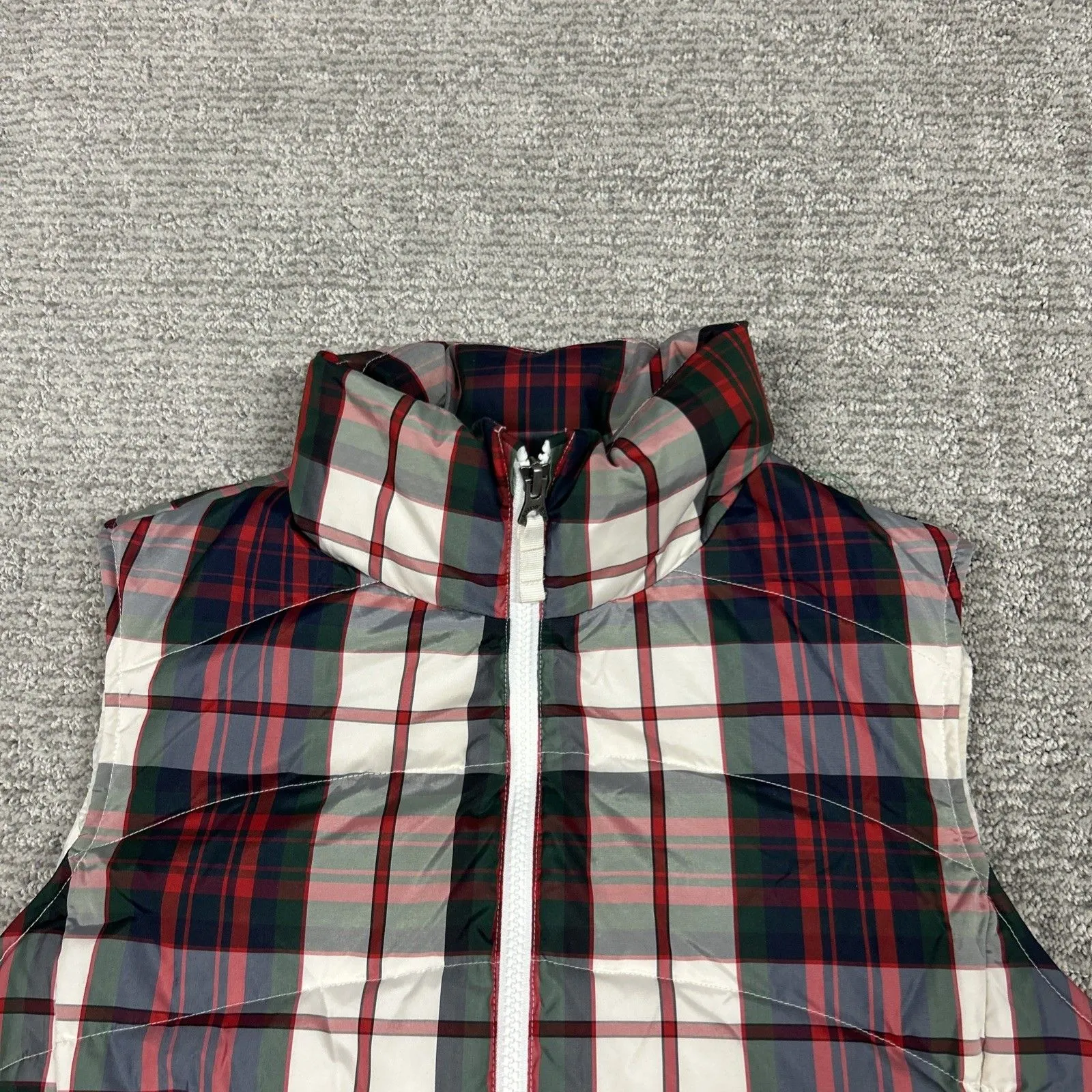 Lands End Vest Womens Medium Plaid Down Filled Puffer Red Full Zip Blue Holiday - Image 3