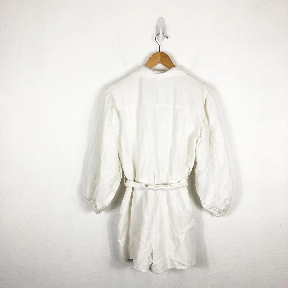 L*SPACE Ryder Romper Large Cream Long Puff Sleeve Belted Button Linen Pocket - Image 11
