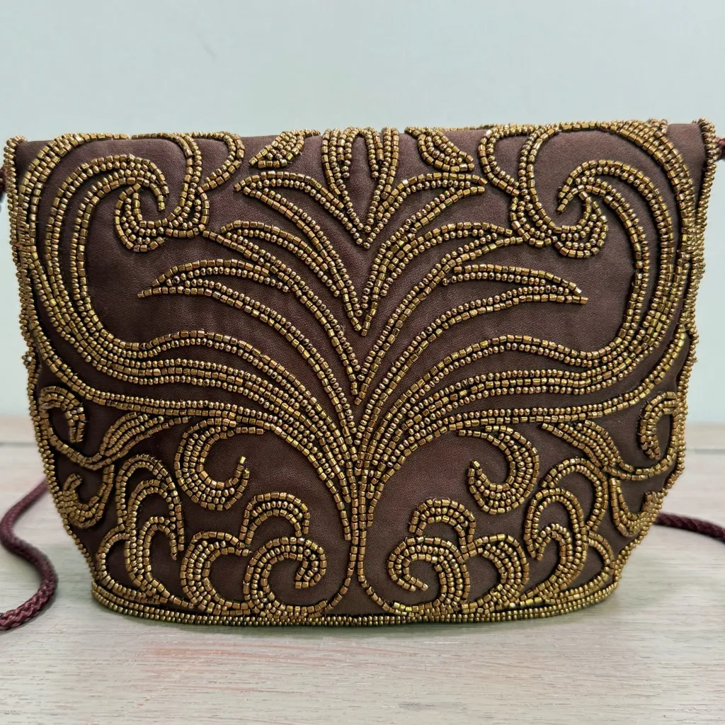 Vintage Walbaeg Beaded Satin Evening Bag Dressy Formal Purse‎ Brown Crossbody - Image 6