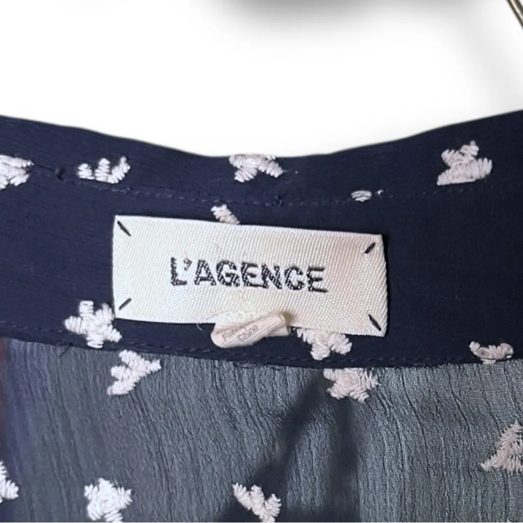 L’Agence Floral Embroidered Sheer Button Down Blouse Navy Blue Medium - Image 5