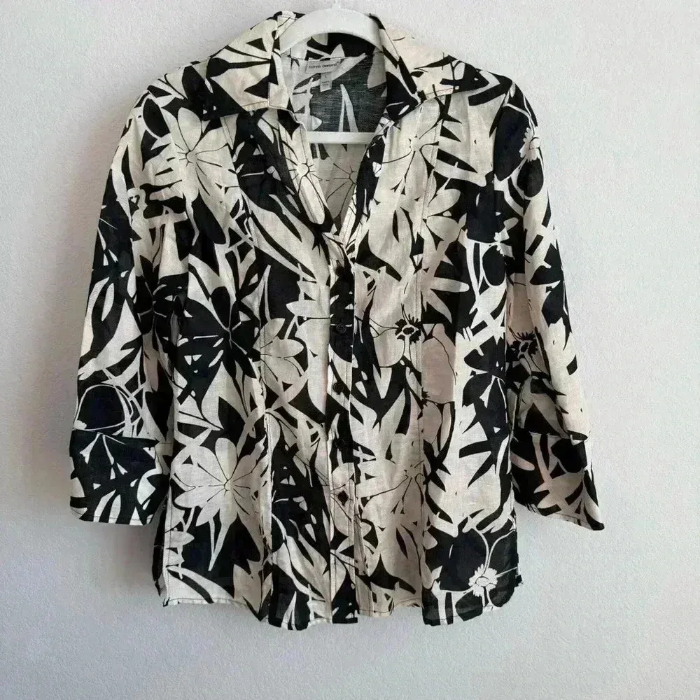 Harve Benard Woman's Black‎ Beige Floral Linen Blend Button Up Blouse Size L - Image 7