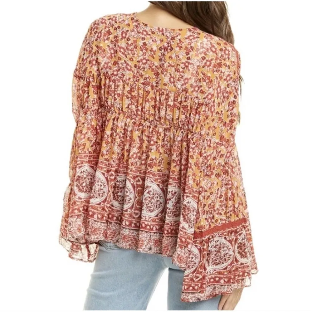 Free People Lorraine Tiered Kimono Top In Mustard Combo Size Medium Tunic #CC3-7 - Image 2