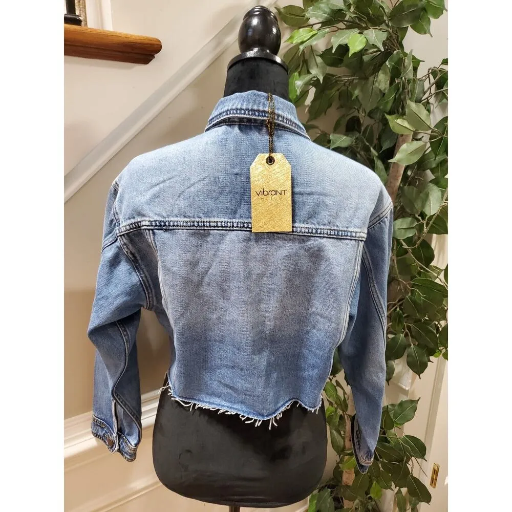 Vibrant Women Denim Blue 100% Cotton Long Sleeve Cropped Jeans Jacket Size Small - Image 5