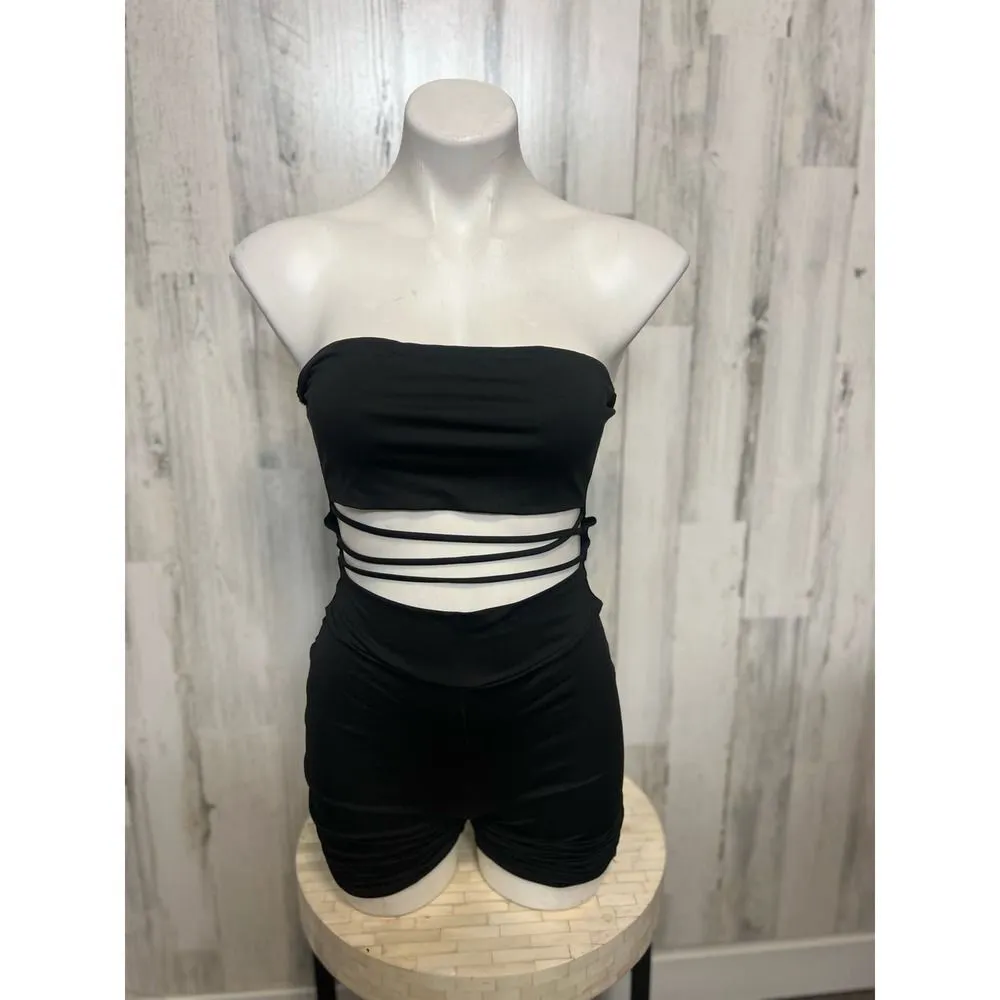 Black Strapless Cutout Ruched Romper – Jade | Size Large | Sexy Tube Top One - Image 5