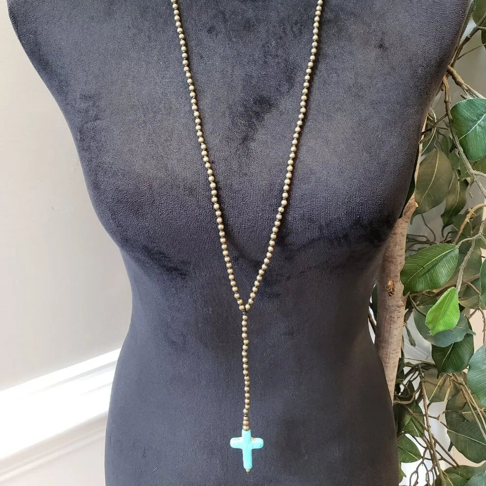 Womens Fashion Brass Beads Chain Turquoise Stone Cross Tassel Necklace Jewelry Blue - Image 4