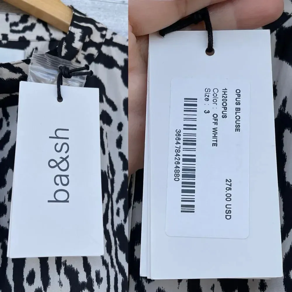 BA&SH Opus Animal Print Blouse in black and ecru size L /8 - Image 13