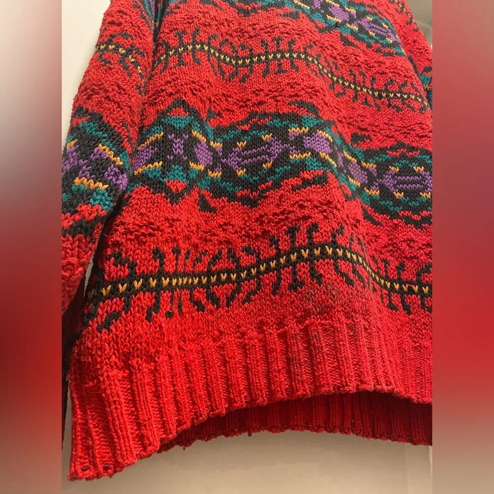 VTG 90s  Red Tribal Print Knitted Crew Neck Long Sleeve Sweater - M - Image 5