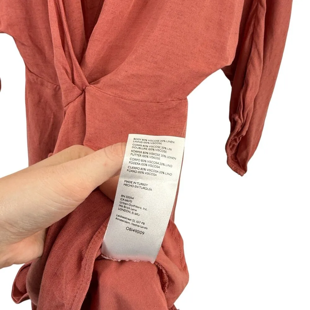 Anthropologie Puff Sleeve Wrap Mini Dress Linen Blend Rose Pink Womens Size 8 - Image 7