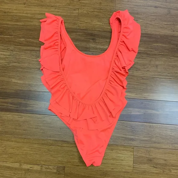 New Look Ruffle One Piece Swimsuit Womens Size‎ 8 Pink Coral High Cut Open Back - Image 2