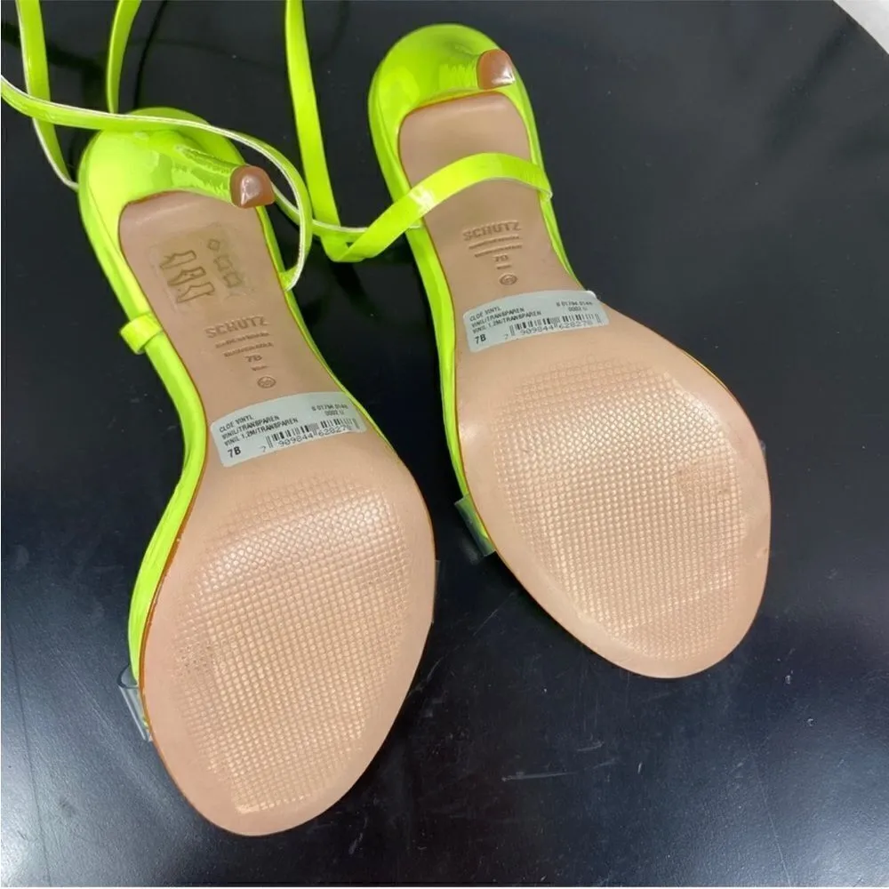 Schutz Cloe Ankle Wrap‎ Heels Neon Green 7 Clear Toe Strap Open Toe - Image 7
