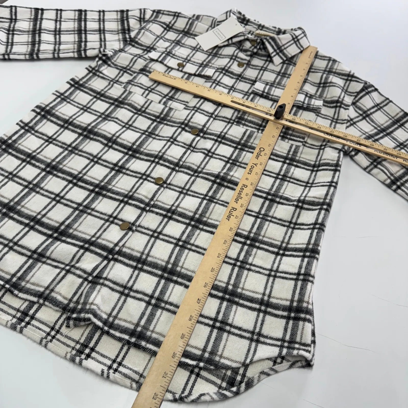 NINEXIS Shacket Womens Medium Ivory Plaid Flannel Long Sleeve Button Down Shirt White - Image 8